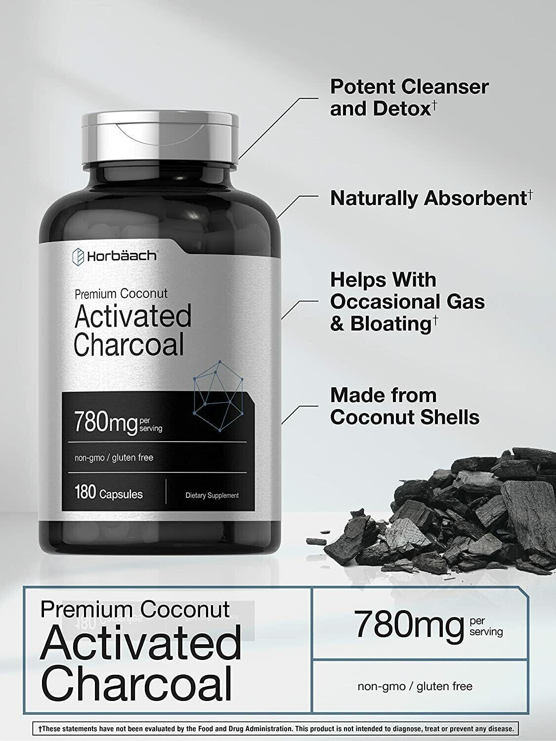 ACTIVATED CHARCOAL 780mg HIGH DOSAGE Horbaach Detox Cleanse Bloating - My Store
