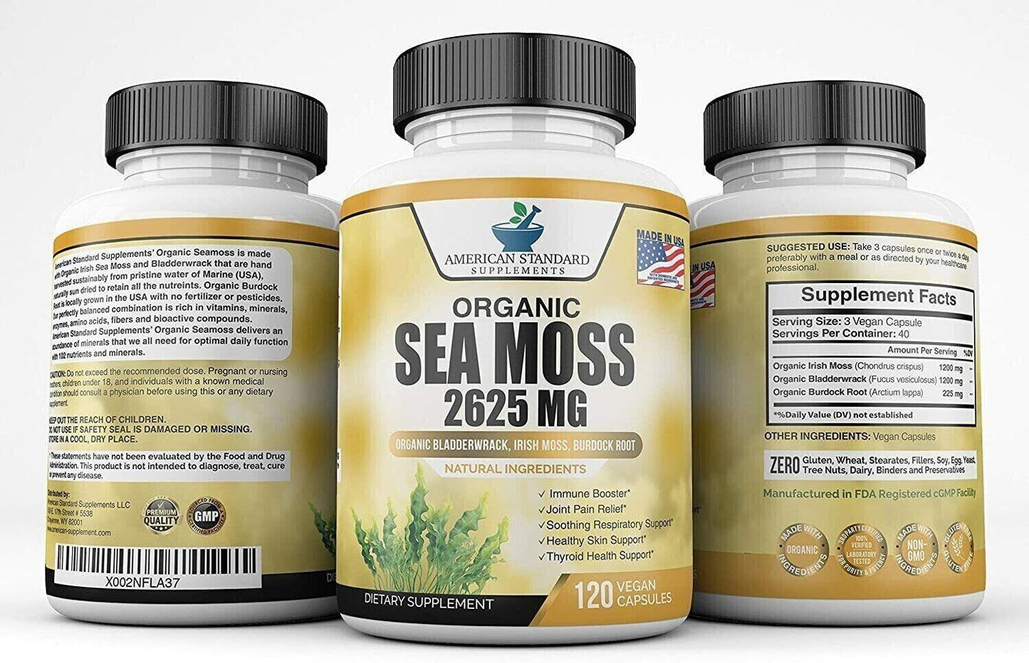 AMERICAN STANDARD ORGANIC SEA MOSS 2625mg Bladderwrack Burdock Root - My Store