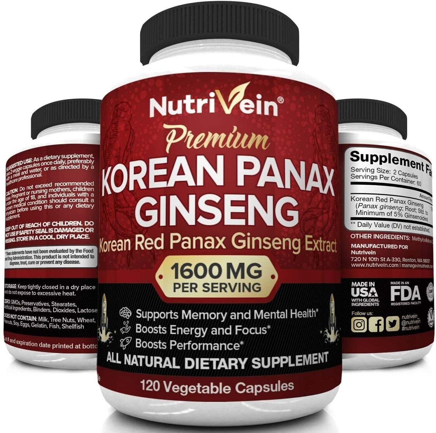NUTRIVEIN KOREAN RED PANAX GINSENG EXTRACT 1600mg Memory Anti Aging 120 Caps - myvitamincentre