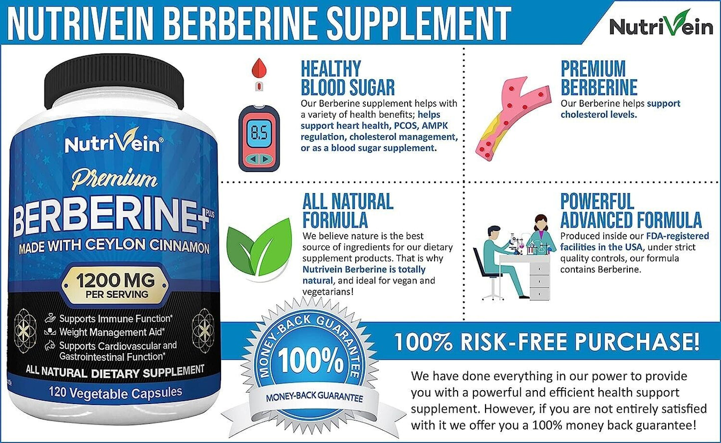 NUTRIVEIN PREMIUM BERBERINE HCL 1200mg 120 Capsules w/ ORGANIC Ceylon Cinnamon! - myvitamincentre