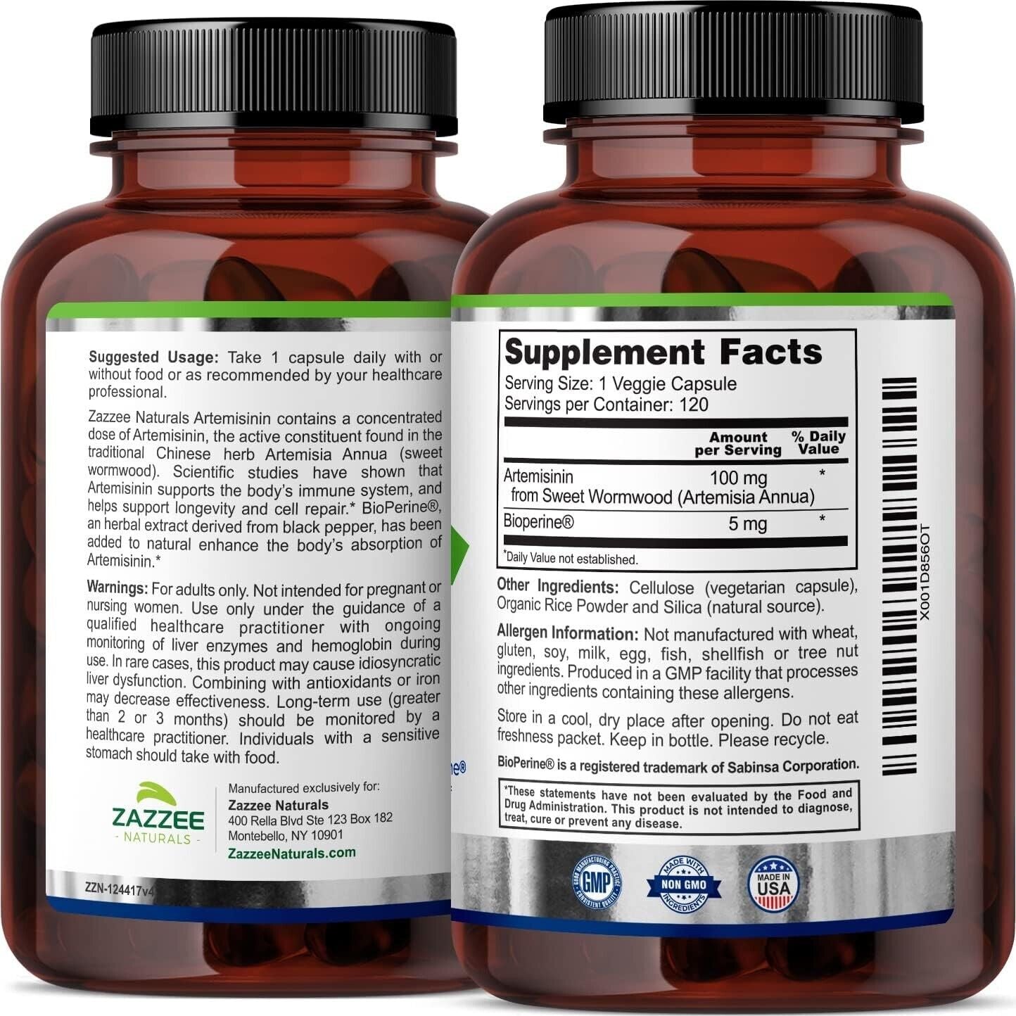 Zazzee Artemisinin Artemisia Annua Sweet wormwood 100mg 120 Veg Caps - myvitamincentre