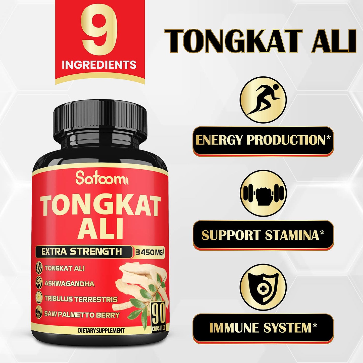 𝐒𝐚𝐭𝐨𝐨𝐦𝐢 Natural Tongkat Ali Root Extract 200:1 - 9 Essential Herbs Equivalent to 3450mg - Support Strength, Energy, Satamira and Healthy Immune - 1 Pack 90 Vegan Caps 3 Month Supply - myvitamincentre