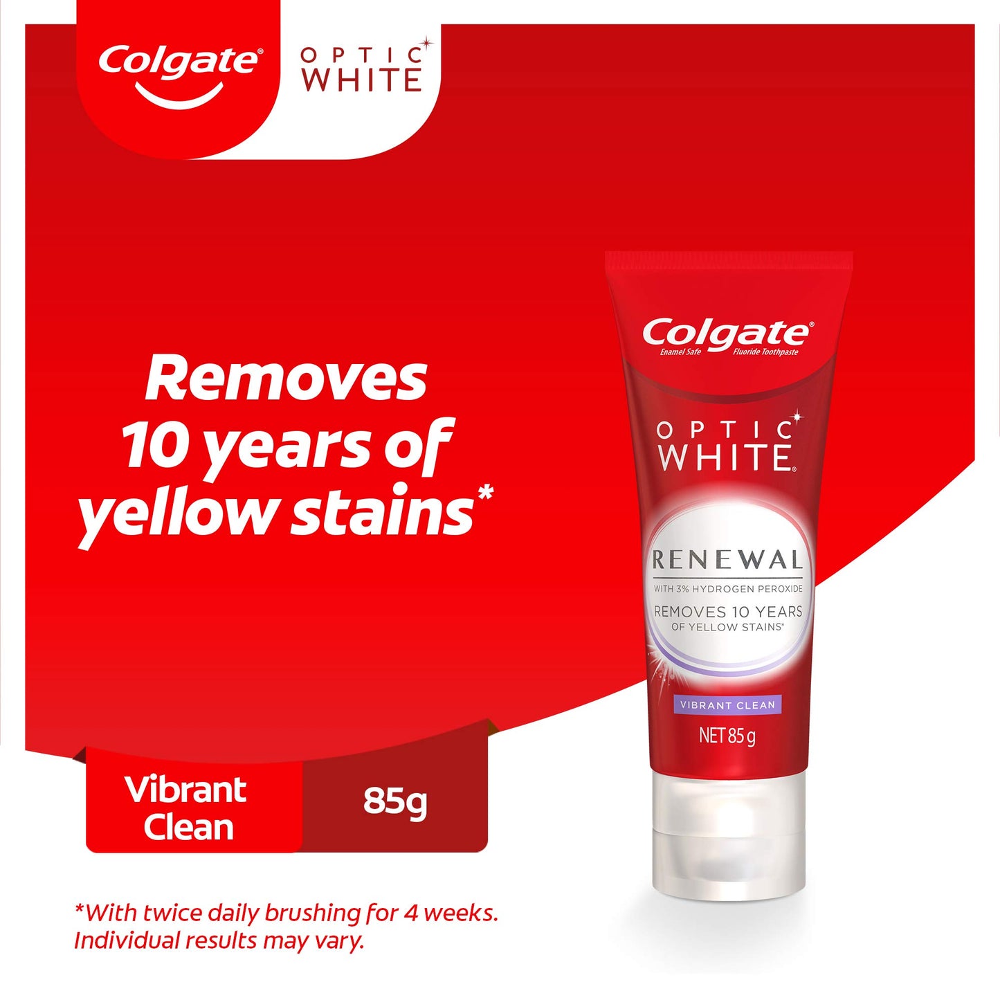 Colgate Optic White Renewal Vibrant Clean Teeth Whitening Toothpaste, 85g, With 3 percent Hydrogen Peroxide, Enamel Safe - myvitamincentre