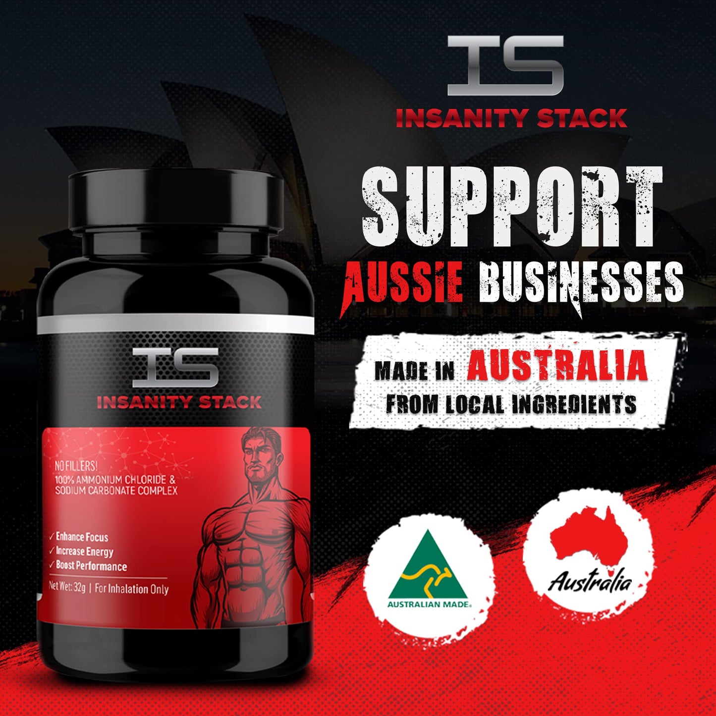 Insanity Stack - Ammonia Smelling Salts for Powerlifters, Weightlifters, Athletes And Gym Junkies - Ammonia Inhalant/Smelling Ammonia. Proudly Australian Made. - myvitamincentre