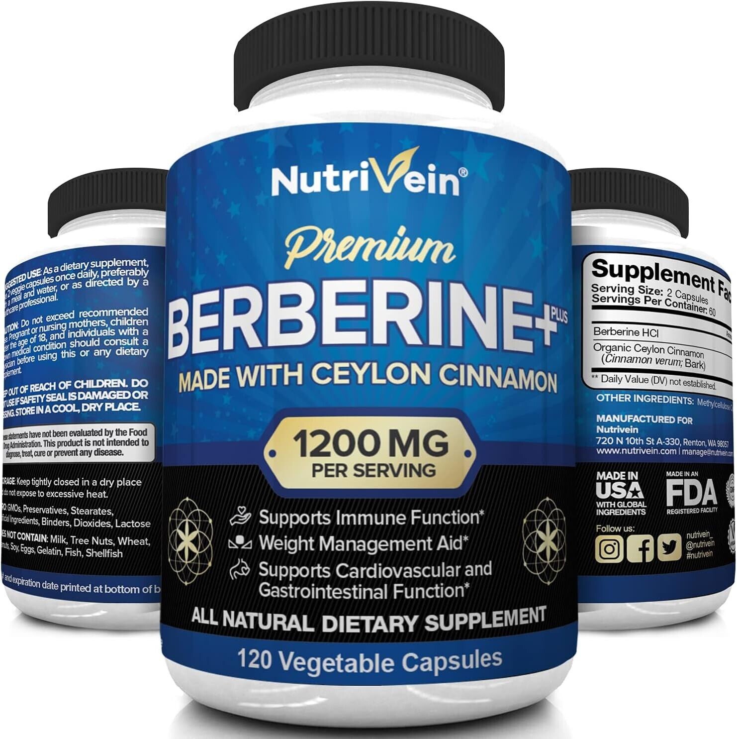 NUTRIVEIN PREMIUM BERBERINE HCL 1200mg 120 Capsules w/ ORGANIC Ceylon Cinnamon! - myvitamincentre