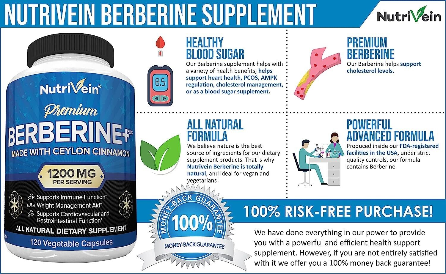 NUTRIVEIN PREMIUM BERBERINE HCL 1200mg 120 Capsules w/ ORGANIC Ceylon Cinnamon! - myvitamincentre