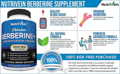 NUTRIVEIN PREMIUM BERBERINE HCL 1200mg 120 Capsules w/ ORGANIC Ceylon Cinnamon! - myvitamincentre