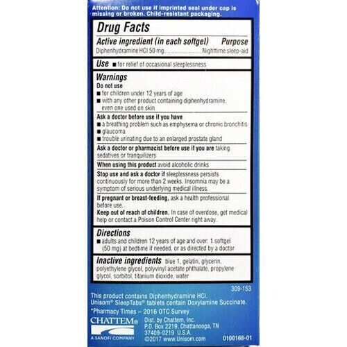 UNISOM Sleep gels 50mg Bed Sleep Aid 100 SoftGels - myvitamincentre
