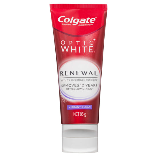 Colgate Optic White Renewal Vibrant Clean Teeth Whitening Toothpaste, 85g, With 3 percent Hydrogen Peroxide, Enamel Safe - myvitamincentre