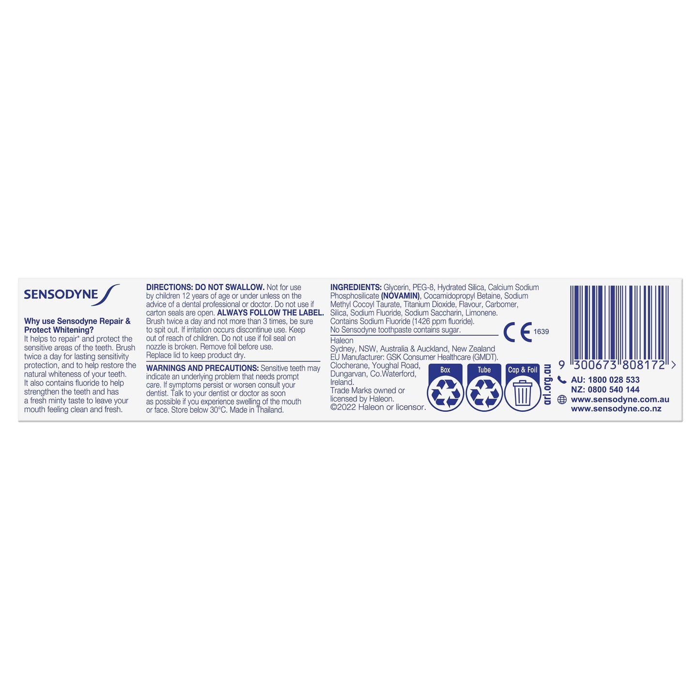 Sensodyne Toothpaste, Repair and Protect, Sensitive Teeth and Cavity Prevention, Whitening, 100g - myvitamincentre