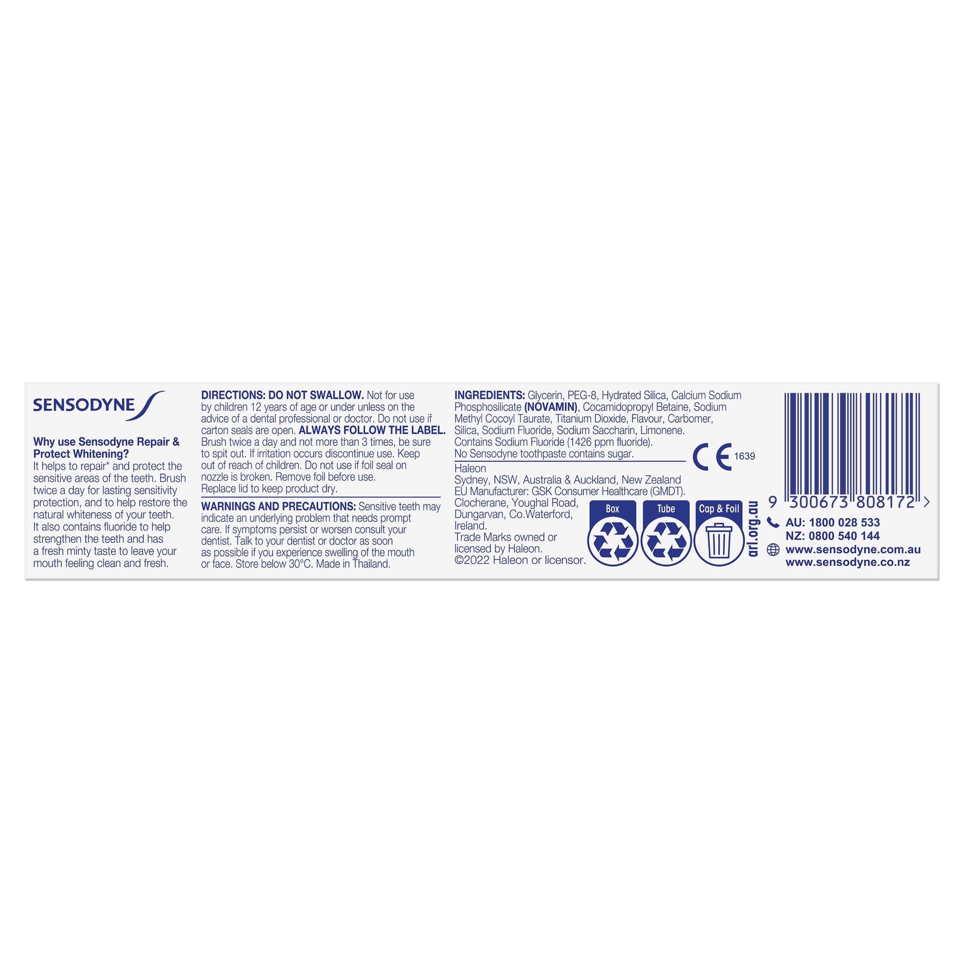 Sensodyne Toothpaste, Repair and Protect, Sensitive Teeth and Cavity Prevention, Whitening, 100g - myvitamincentre